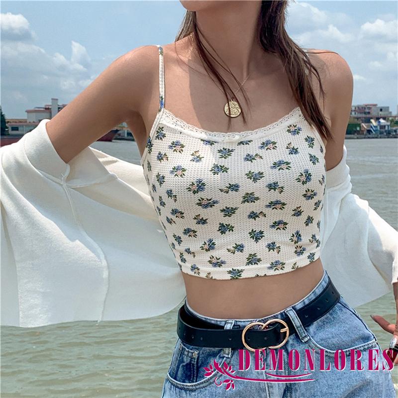 Áo croptop sát nách mềm mại thoáng khí in hoa phối ren gợi cảm cho nữ