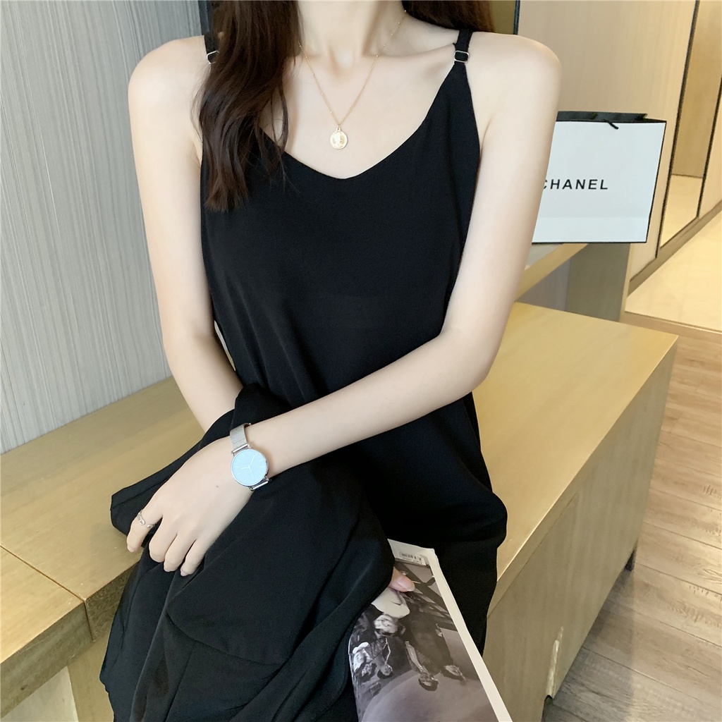 Xiaozhainv Đầm Midi Hai Dây Dáng Chữ A Lưng Cao Cổ Chữ V Chất Liệu Chiffon Phong Cách Hàn Quốc Cho Nữ