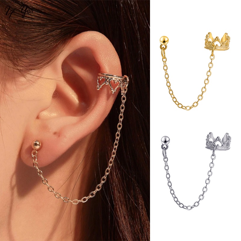 Khuyên tai dạng kẹp AY kiểu vương miện màu vàng/ bạc phong cách Hàn Quốc cho nữ