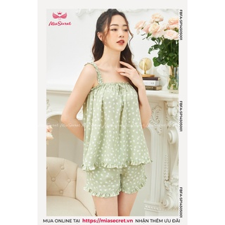 Bộ đồ ngủ bèo nhún hoa trắng nền xanh - 2 dây