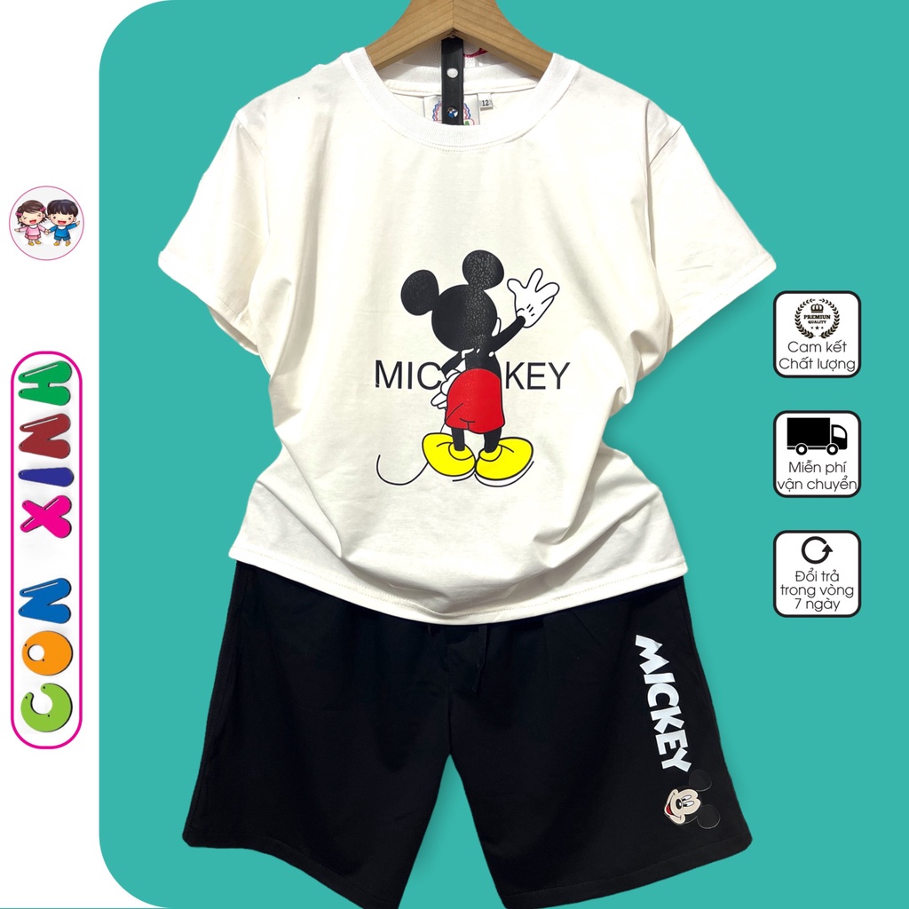 Bộ đồ bé trai Con Xinh cotton hình in Chú chuột Mickey đưa tay,thời trang dành cho trẻ em từ 4 đến 10 tuổi