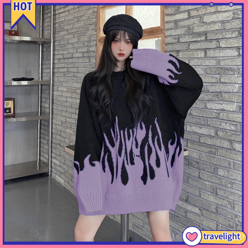 (Travelight) Áo Sweater dệt kim cổ tròn hoạ tiết ngọn lửa thời trang thu đông cho phái nữ