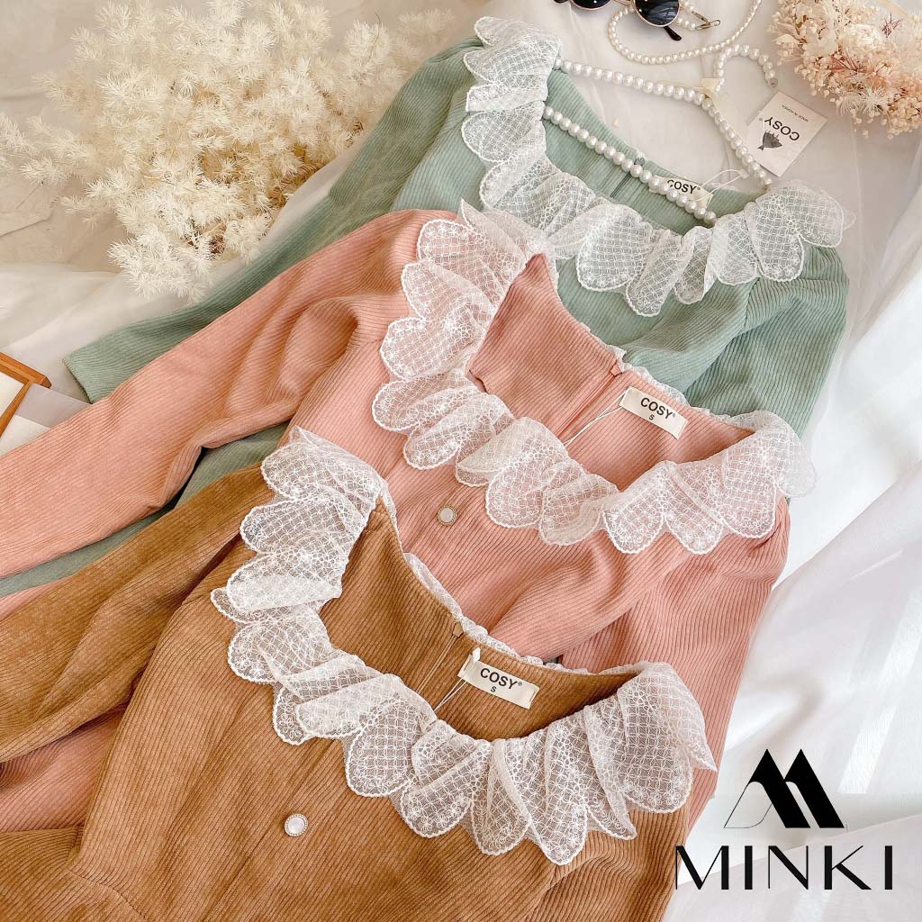 ĐẦM NHUNG GÂN 3 MÀU CỔ REN TRẮNG - CHẤT LIỆU CAO CẤP - MÀU HỒNG / NÂU / XANH | BigBuy360 - bigbuy360.vn