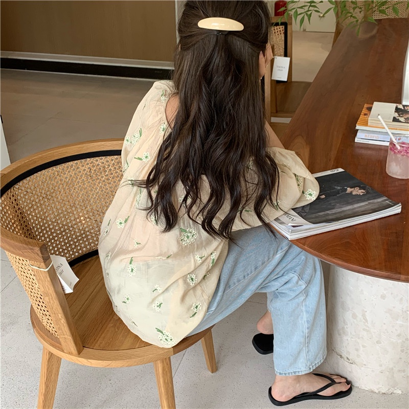 SUXI Áo Sơ Mi Tay Dài Dáng Rộng Thêu Họa Tiết Thời Trang Mùa Hè Dễ Phối Đồ