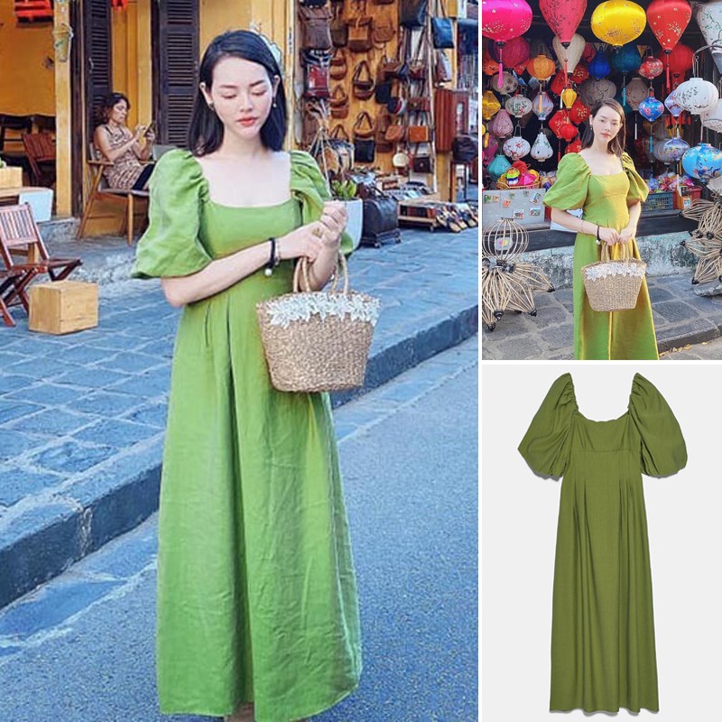 SMYHP VÁY MIDI XANH TAY BỒNG ZR