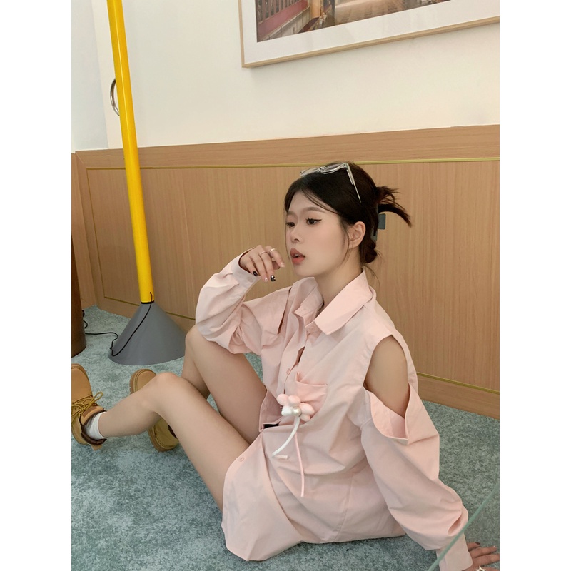 Áo Sơ Mi Tay Dài Cổ Đứng Hở Vai Màu Hồng Phong Cách Vintage Dành Cho Nữ