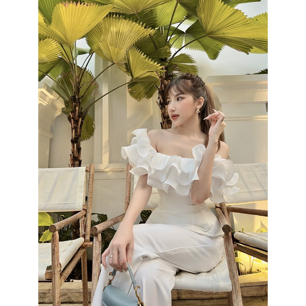 Set áo cúp ngực peplum trễ bẹt vai bèo hở lưng kèm quần cao dài suông chân ống rộng sang chảnh màu trắng đen ulzzang