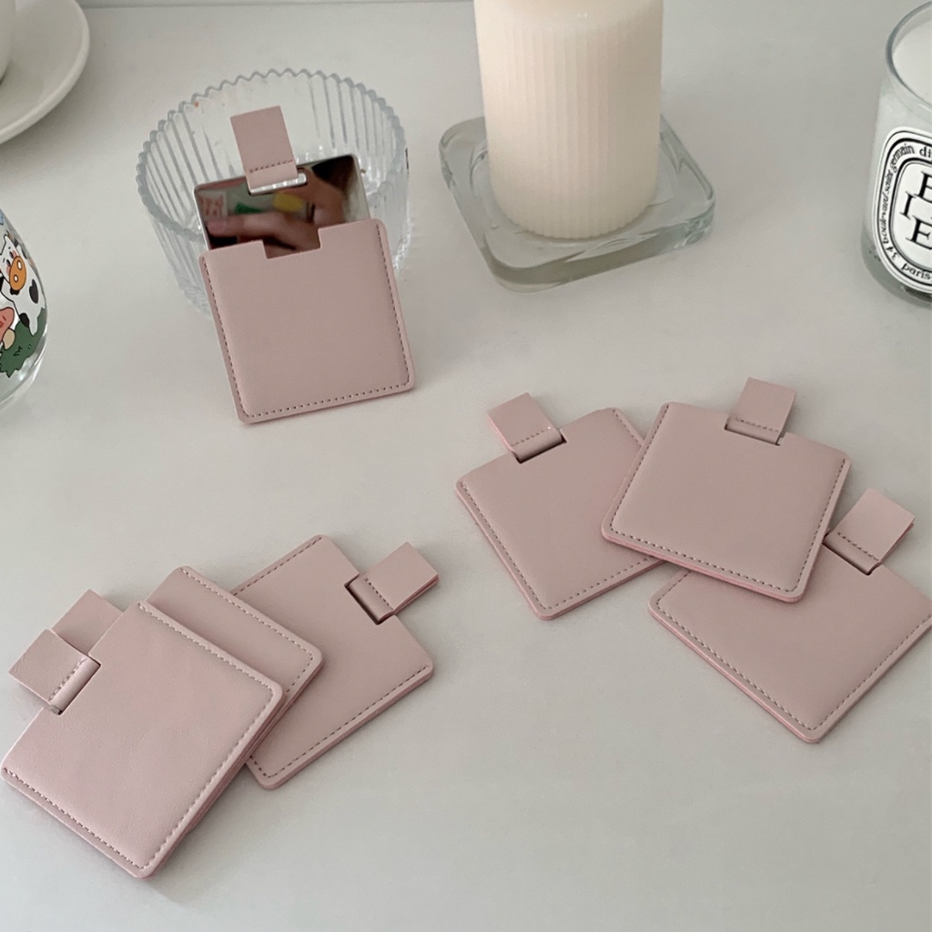 GƯƠNG BỎ TÚI KÈM BAO DA HỒNG PASTEL CHỐNG TRÀY XƯỚC - PHONG CÁCH HÀN QUỐC ĐƠN GIẢN