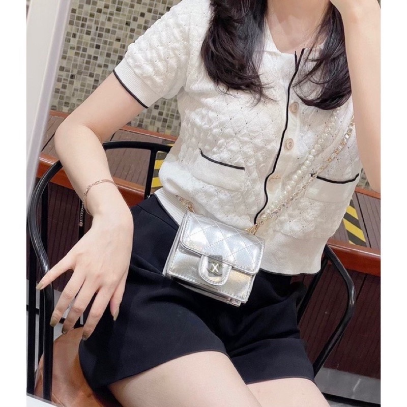 Túi mini đeo chéo CN logo x, hai dây xích và dây ngọc (hàng chuẩn ảnh)