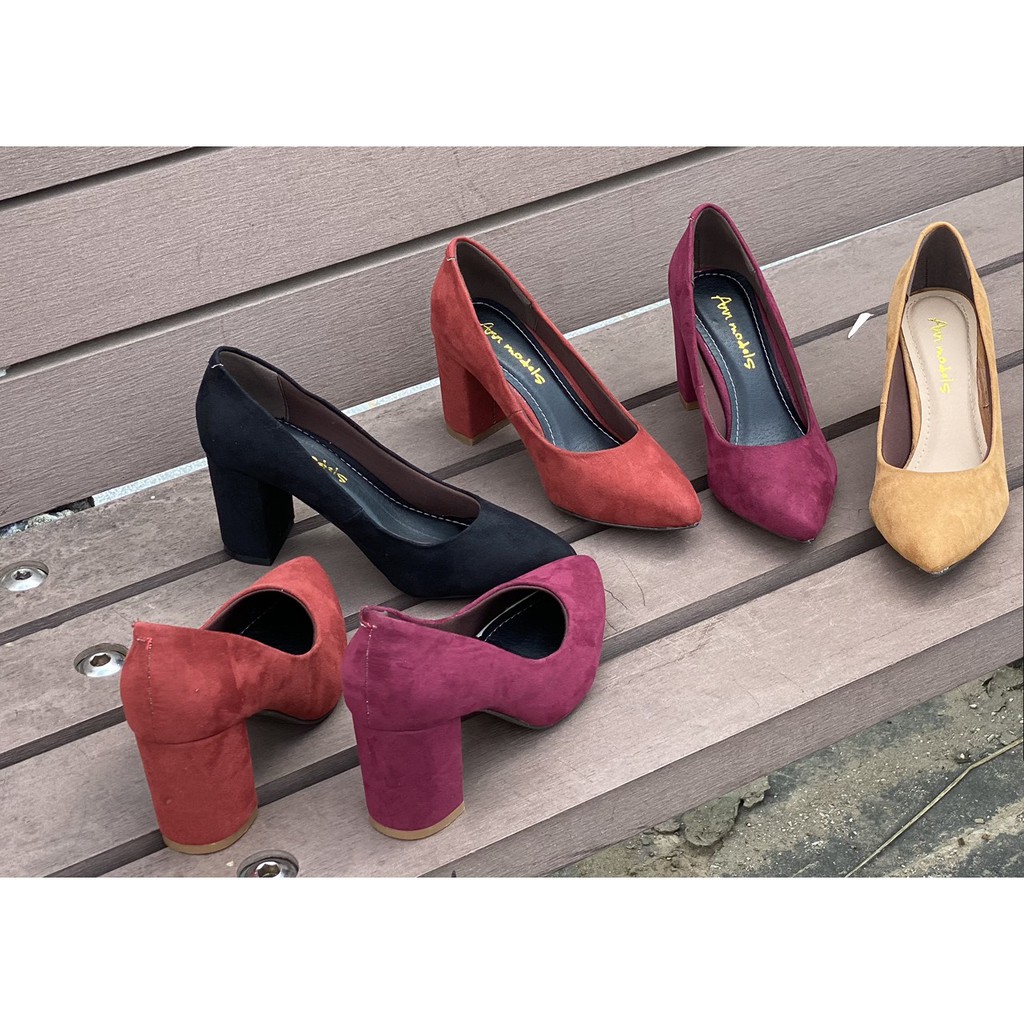 Giày cao gót nữ công sở Anna gót vuông 7 phân mũi nhọn da lộn cao cấp