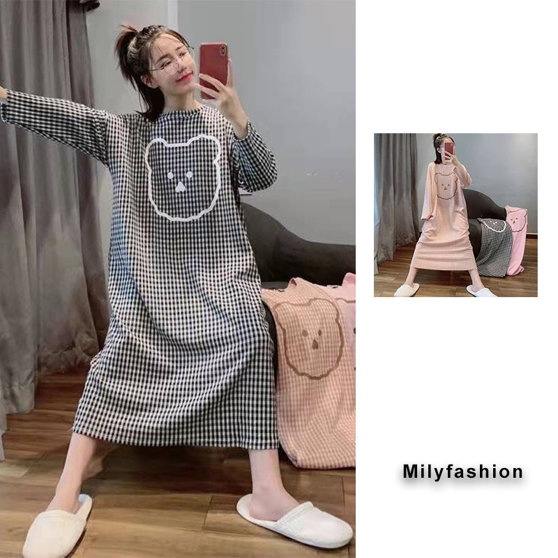 Đầm ngủ dài tay họa tiết hoạt hình xinh xắn theo phong cách hàn quốc