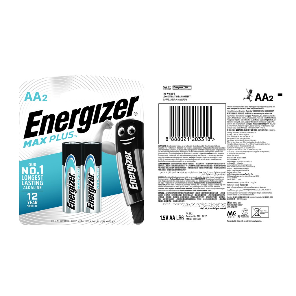 VỈ 2 PIN AA ENERGIZER MAX PLUS 1.5V  EP91 BP2 - Made in USA [CHÍNH HÃNG]