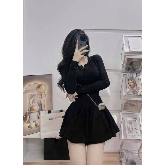 Váy Xoè Len Tăm Cúc Cổ Dài Tay, Đầm Màu Đen Nữ
