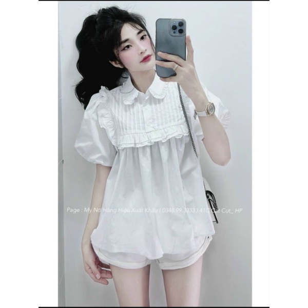 Áo sơ mi kiểu cộc tay xếp li ngực vintage