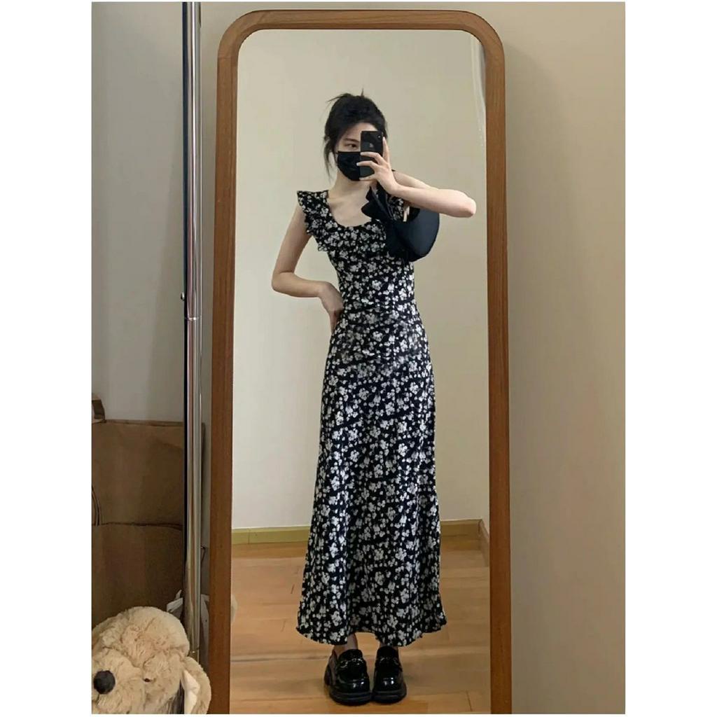 Đầm Đen Dáng Ôm In Hoa Phối Bèo Nhún Kiểu Pháp 62470