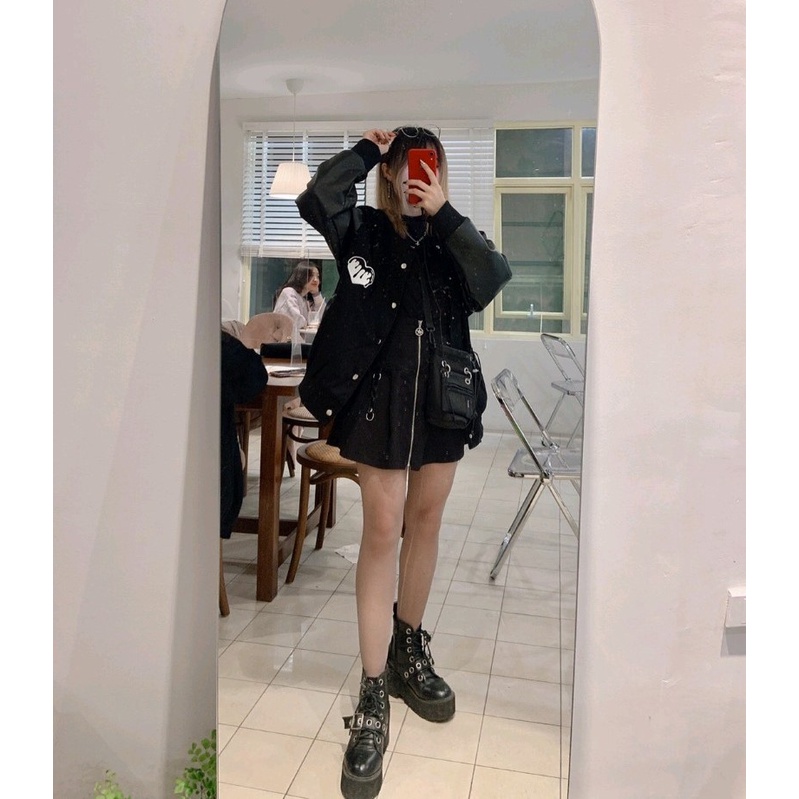 [Có Ảnh Thật] Áo Bomber Nỉ Phối Tay Da Hình Trái Tim Lar, Áo Khoác Nỉ Nam Nữ Form Rộng Anne Boutique Mã 721
