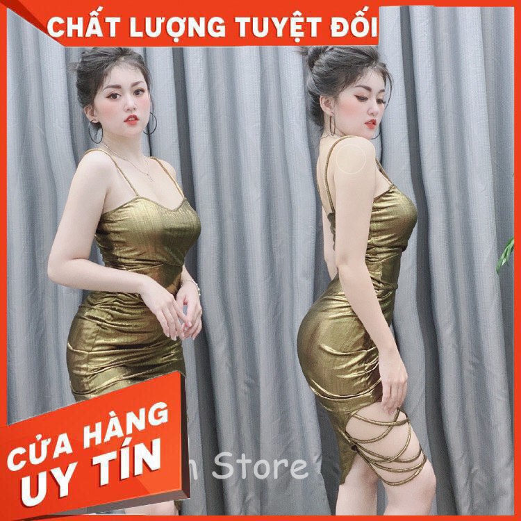 ✔️hienphamstore✔️ Đầm nhũ bạc đan dây, nhũ ánh kim, đan dây xẻ tà - DN8922