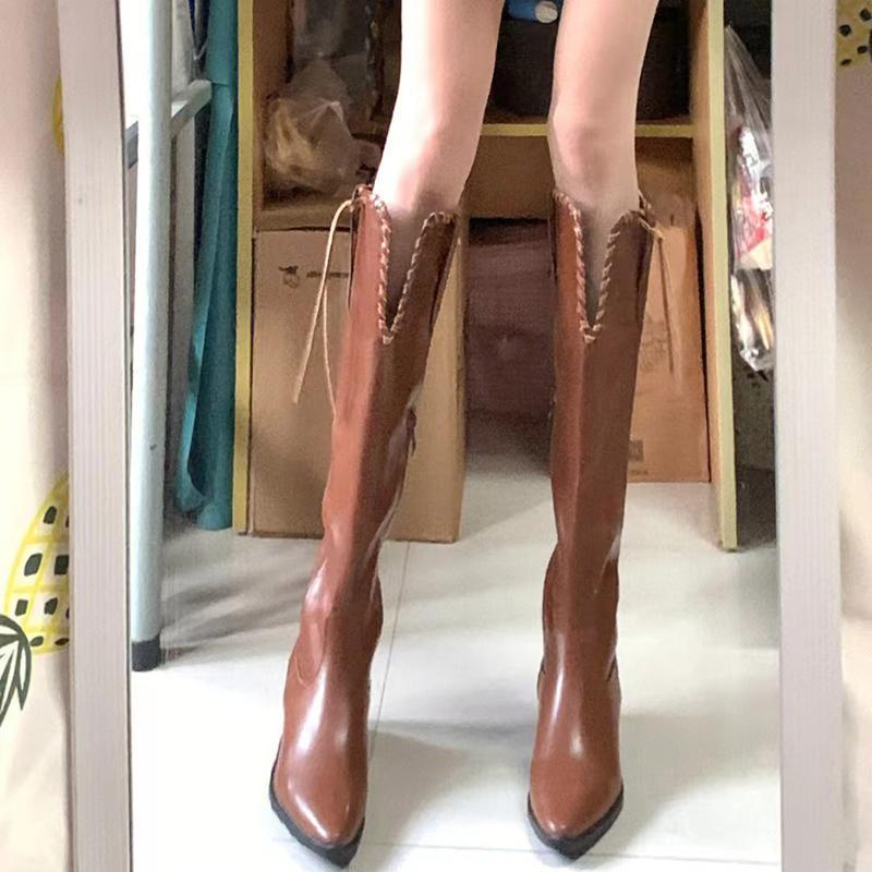 Giày Bốt Cao Bồi Mũi Nhọn Gót Dày Mẫu Mới 2022 Phong Cách Retro Phương Tây Cho Nữ