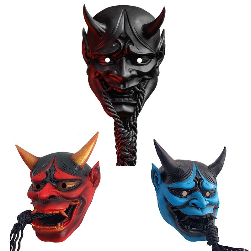 Mặt nạ toàn mặt hình ác quỷ Prajna Nhật Bản hóa trang Halloween màu đỏ/ xanh dương/ đen cho người lớn