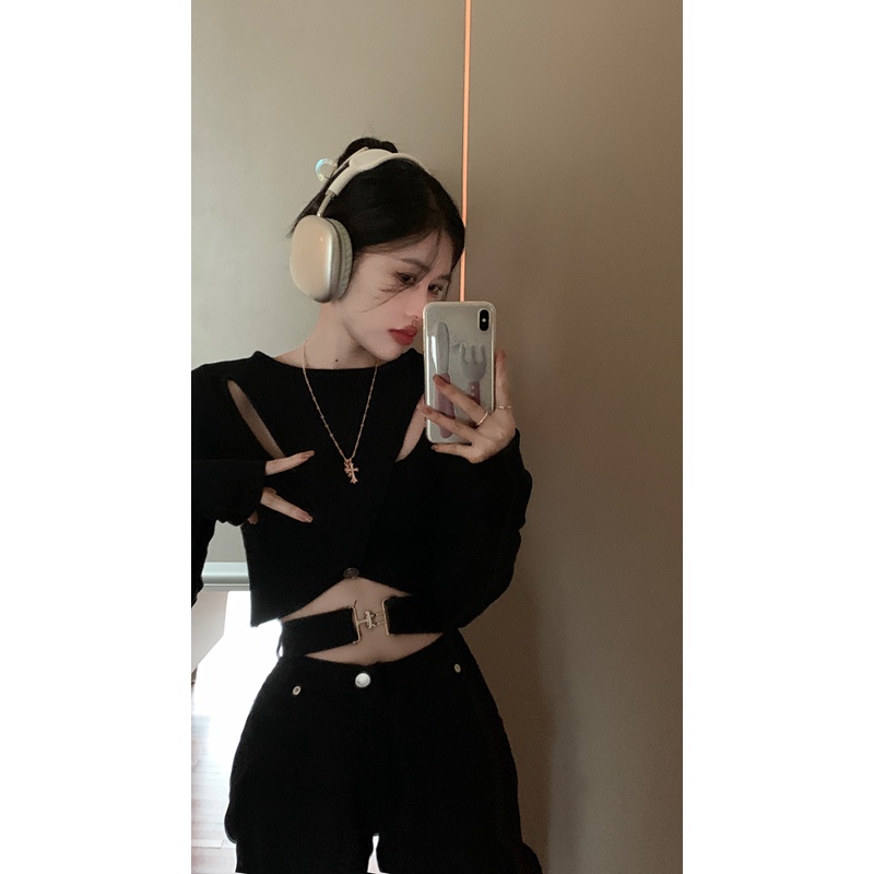 Porozi  Áo dệt kim  dài tay dáng ôm ngắn phong cách thời trang Hàn Quốc cho nữ