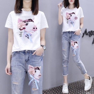 Set quần bò, áo phông hình heo, hoa nổi