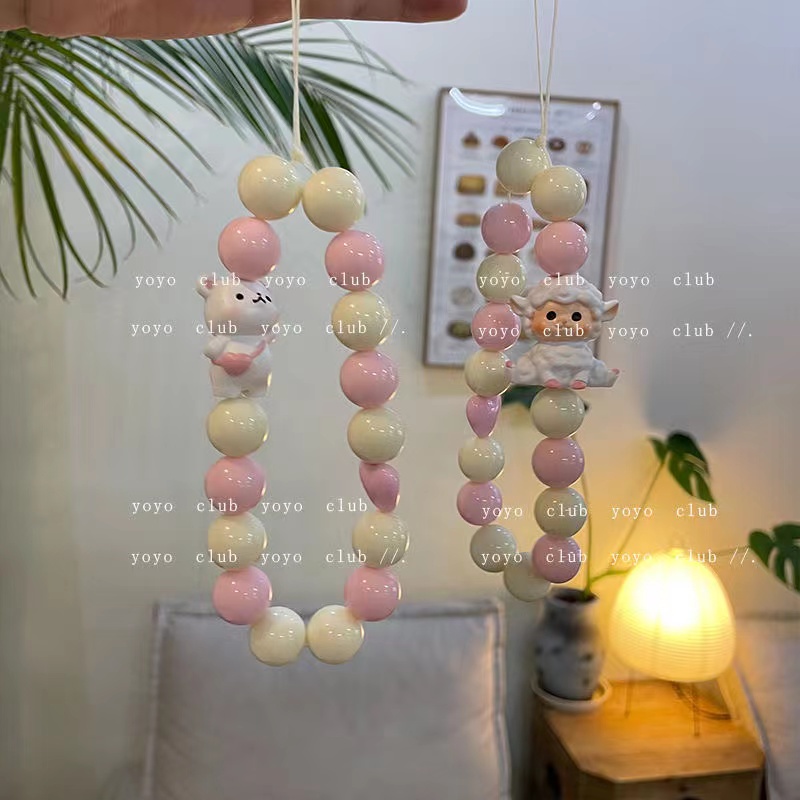 Dây Đeo Điện Thoại Xâu Hạt Tròn Chống Thất Lạc Hình Gấu Cừu Hoạt Hình Phong Cách Hàn Quốc