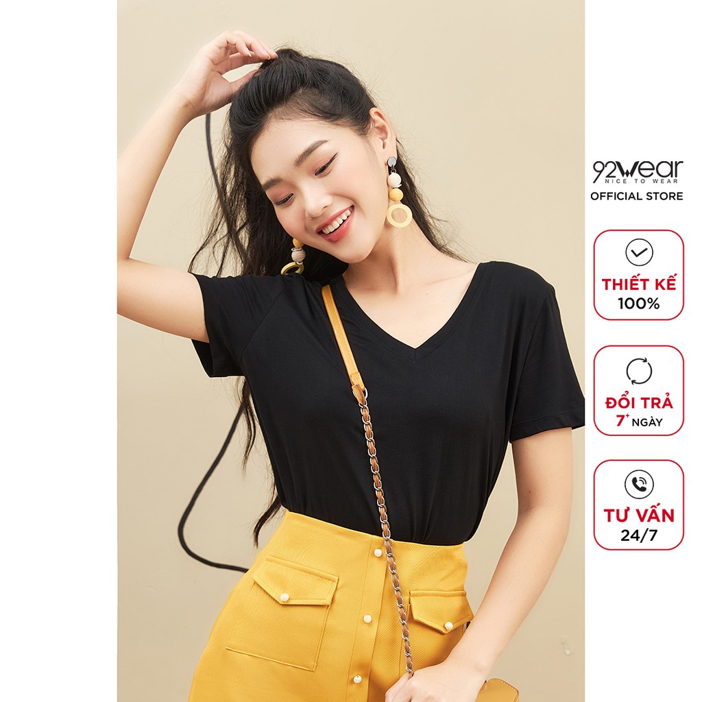 Áo phông nữ ngắn tay cổ tim 92WEAR thiết kế basic trẻ trung, chất cotton thoáng mát, thấm hút mồ hôi ATA2046