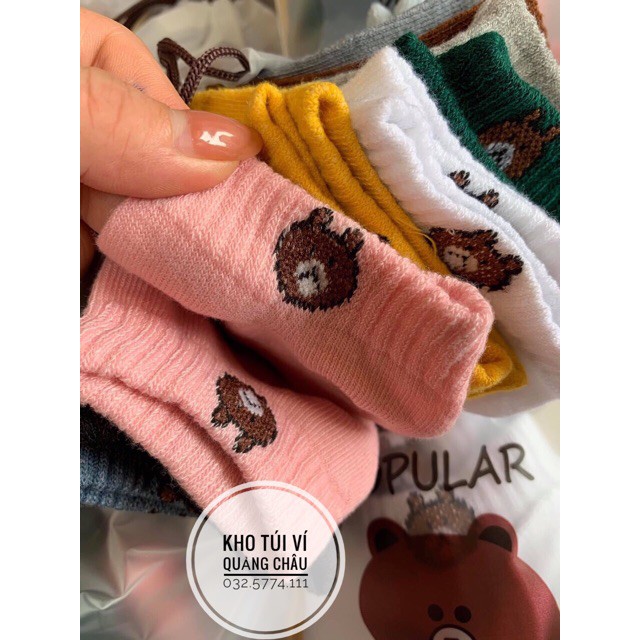 Tất Gấu Brown Cổ Ngắn Kèm Túi Rút Siêu Cute Hàng Loại 1 (Túi 10 đôi)