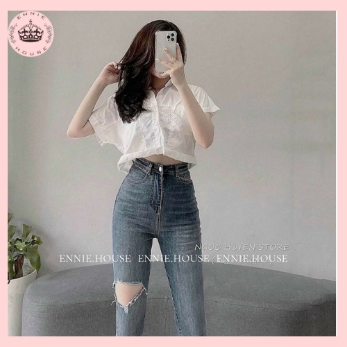 Quần Jeans Nữ Rách Gối Chất Liệu Jean Bò Màu Xanh Siêu Xinh Thích Hợp Đi Chơi Ennie CD062