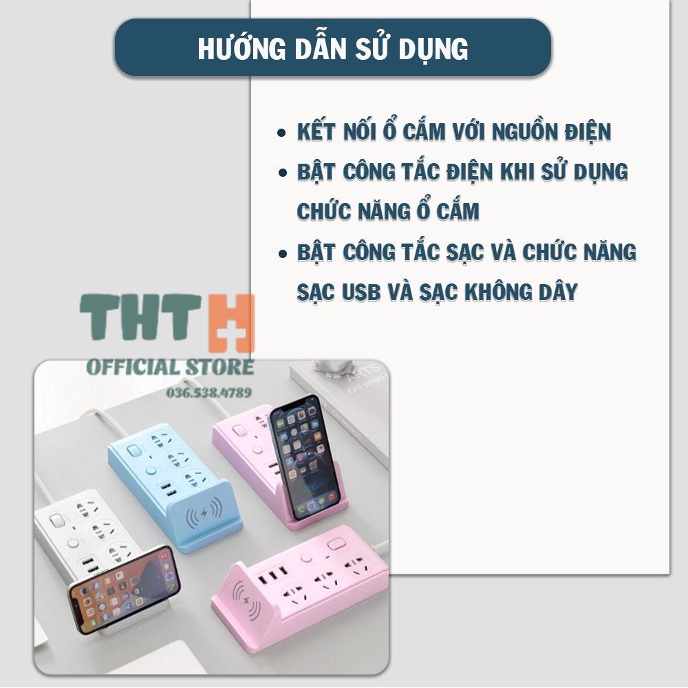 Ổ Cắm Điện Đa Năng Thông Minh Sạc Không Dây 3 Cổng USB Sạc Nhanh, Ổ Chịu Tải 2500W, Tiết Kiệm Điện, Chống Cháy Nổ