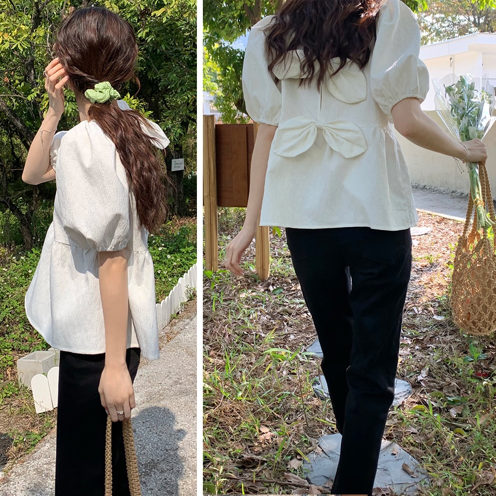 Áo Kiểu Búp Bê Tay Ngắn Thắt Nơ Sau Lưng Màu Xanh Lá Dễ Thương 49529