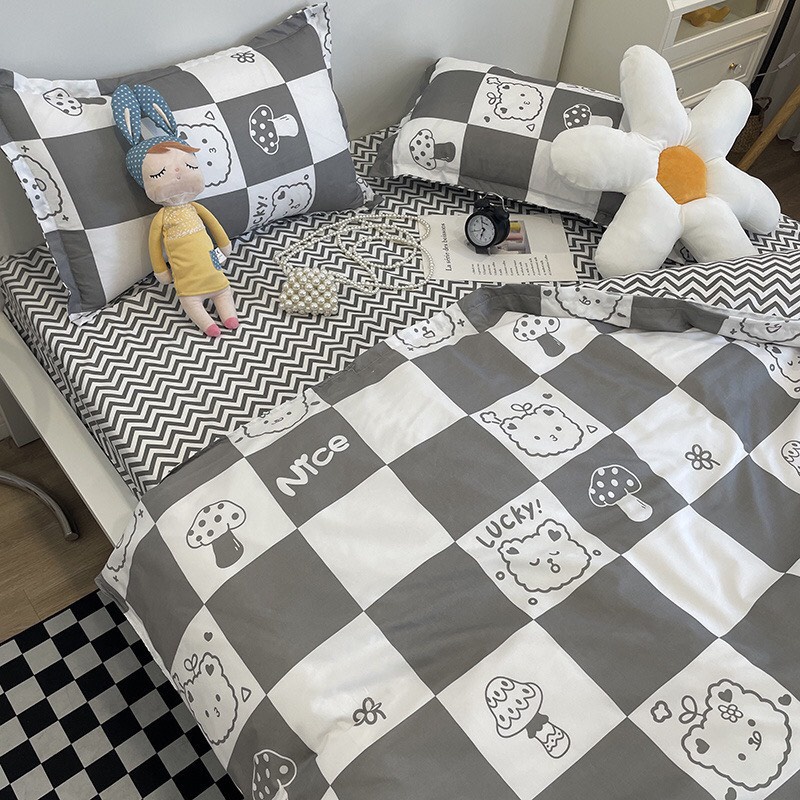 [RẺ VÔ ĐỊCH] Bộ chăn ga gối drap giường chất cotton poly họa tiết gấu caro