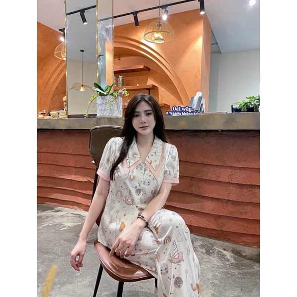 Bộ pijama lụa xước Quảng Châu cao cấp tay ngắn thỏ -dâu