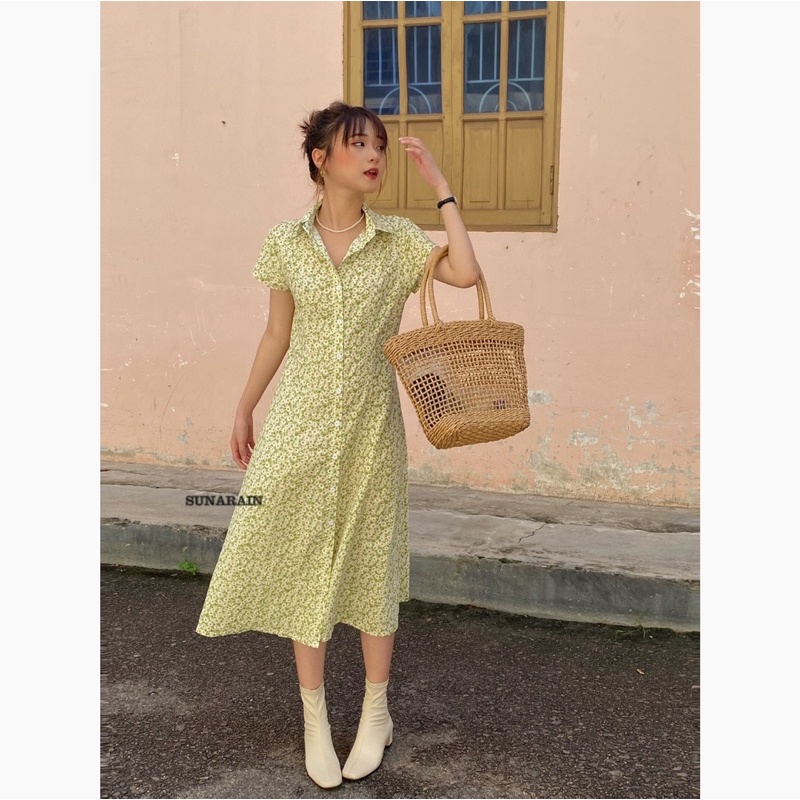 Đầm dài xanh hoa nhí cổ sơmi