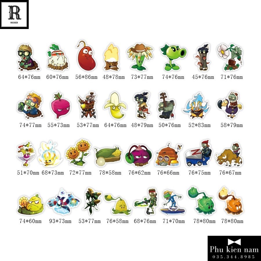 Sticker PVC Hoạt Hình Zombie Plants Cả bộ 100 hình ST071