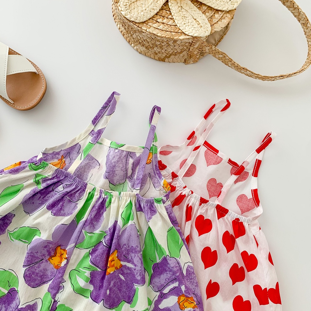 Đầm Hai Dây Mùa Hè Bằng Vải Cotton Nhẹ In Họa Tiết Hoa Màu Đỏ Và Tím Cho Bé Gái 3-8 Tuổi