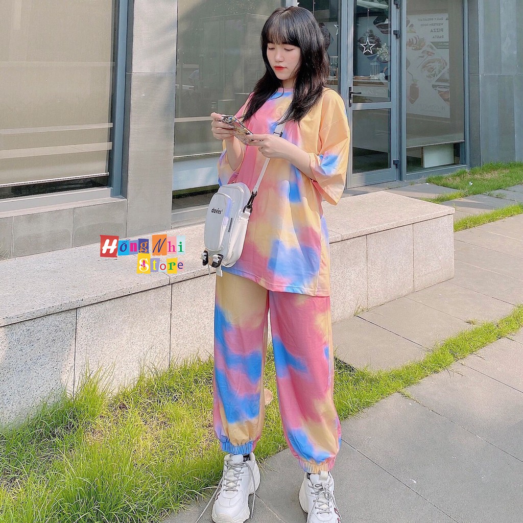 Set Bộ Áo Thun Tay Lỡ Loang Màu Tie Tee Phối Quần Jogger 3D Ulzzang Unisex Dáng Rộng - MM
