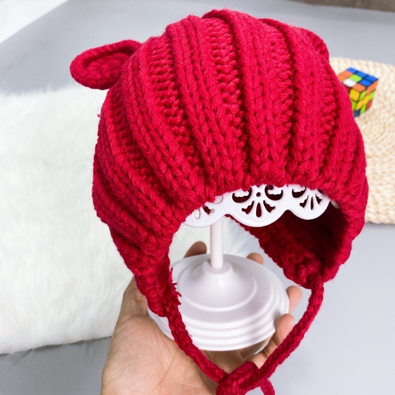 Mũ Len Tai Gấu Cho Bé Trai Bé Gái Có Dây Buộc 6-26 Tháng