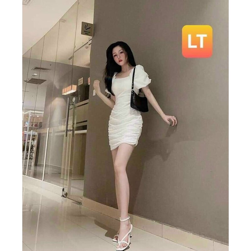 Đầm tay bồng nhún hông đan dây lưng sexy | BigBuy360 - bigbuy360.vn