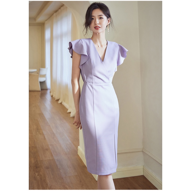 Đầm cổ tim đấp chéo tay bèo dáng bút chì sẻ trước