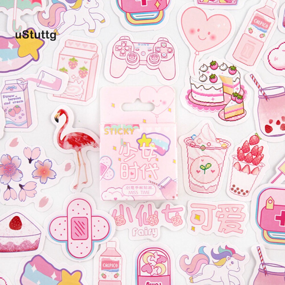 ❤uS 46Pcs Pink Cartoon Strawberry Cake Sticker for Girl DIY Scrapbook Album Decor