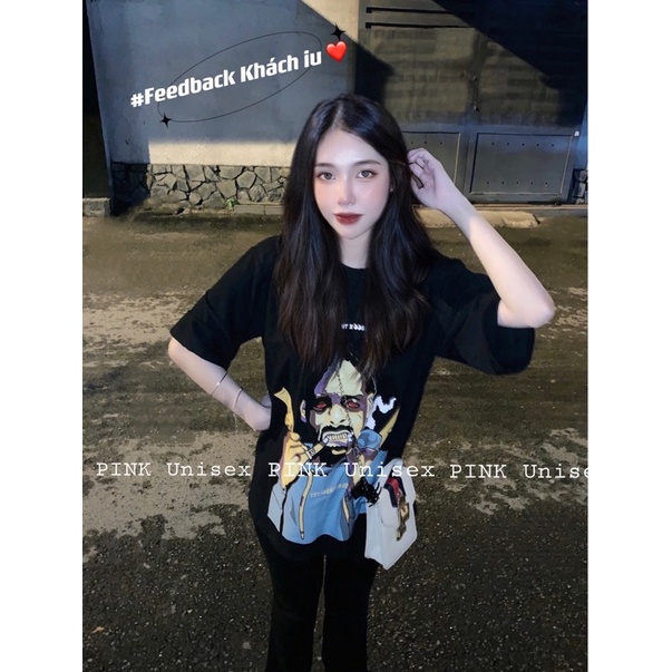 Áo thun phông logo tay nam nữ PINK tay lỡ form rộng ANH DA ĐEN Unisex