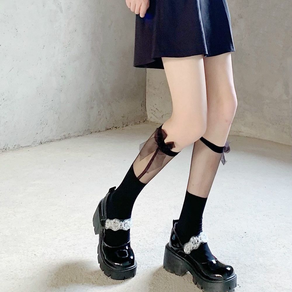 Vớ Dài Ngang Bắp Chân Màu Đen Phối Nơ Phong Cách Lolita Ngọt Ngào Cho Nữ