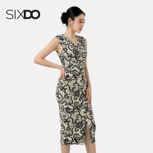 Đầm sát nách be họa tiết đen  SIXDO