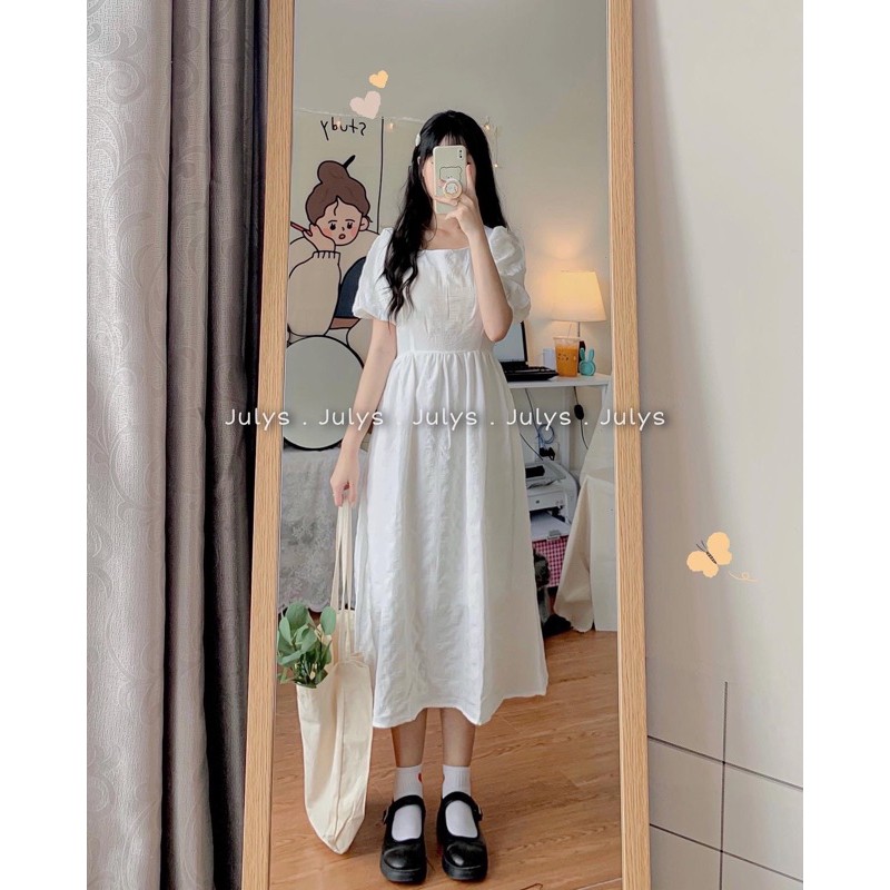 Váy babydoll nhún cổ vuông trắng (ảnh thật kèm video)