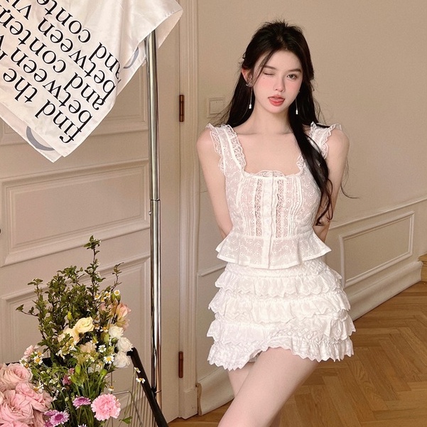 Bộ Áo Ren Trắng Hai Dây + Chân Váy Ôm Eo Cao Thời Trang Mùa Hè Phong Cách Hàn Quốc Hàng Mới Dành Cho Bạn Nữ