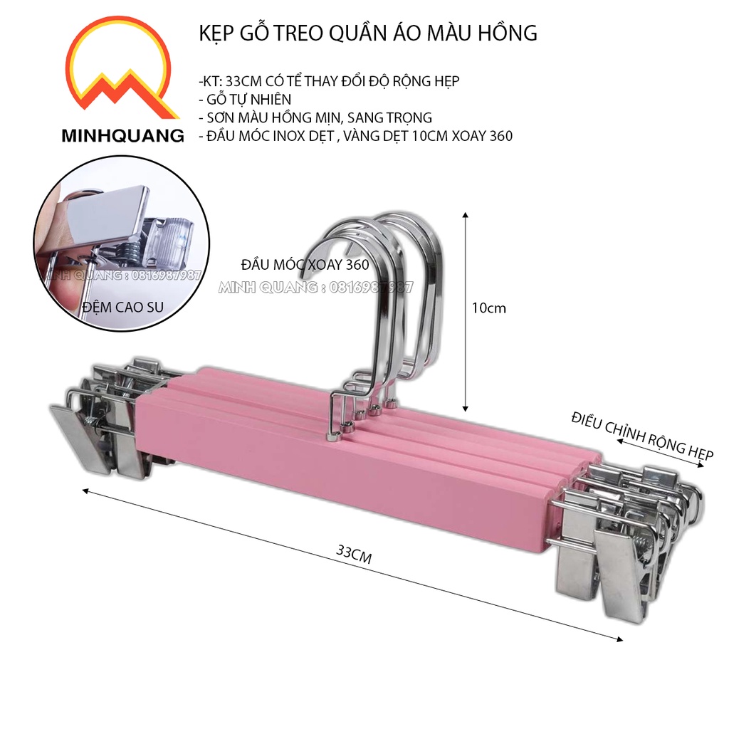 móc, kẹp treo quần áo bằng gỗ hồng kẹp inox sáng bóng, đầu móc xoay 360, dùng cho cửa hàng shop thời trang