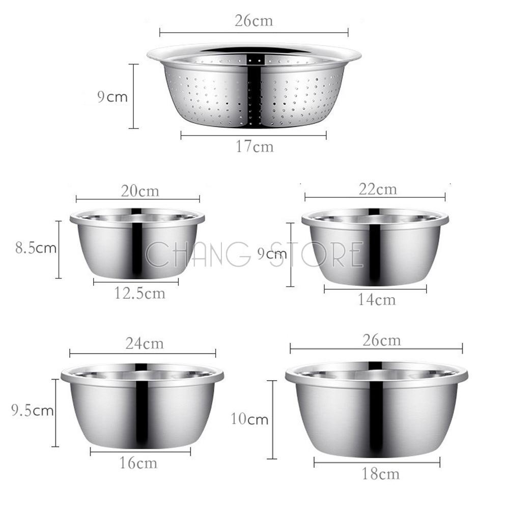 Bộ Thau Rổ Inox Chống Gỉ 5 Món Đựng Rau Củ Quả Đa Năng Size 16-26cm