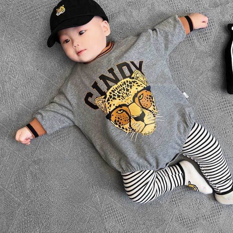 Set 2 Món Áo Liền Quần Tay Dài + Quần Dài In Họa Tiết Động Vật Hoạt Hình Cho Bé