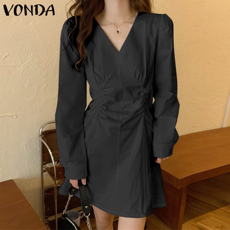 Đầm VONDA midi dài tay cổ chữ V màu trơn phong cách Hàn Quốc thời trang cho nữ